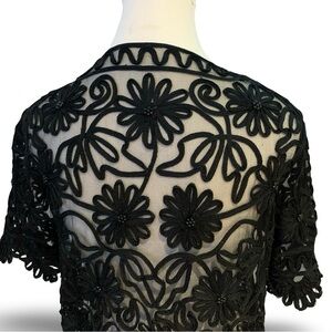 Unique Vintage Victorian Floral Soutache Beaded Mesh Cardigan Black Small